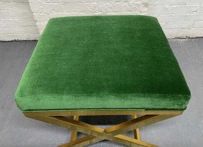 Pair of Upholstered Velvet and Brass X Benches