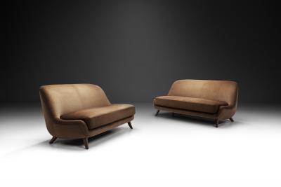 Pair of Velour Two Seater Sofa with Solid Wood Legs Europe ca 1950s