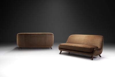 Pair of Velour Two Seater Sofa with Solid Wood Legs Europe ca 1950s
