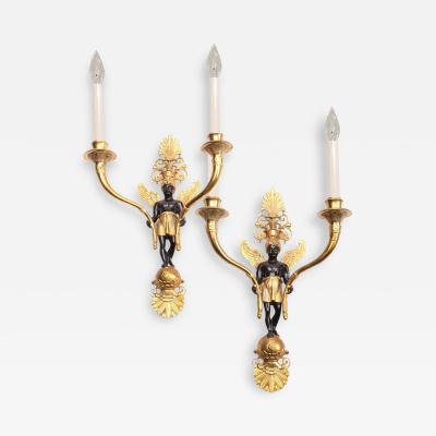 Pair of Venetian Gilt Bronze Standing Angel Wall Light Sconces