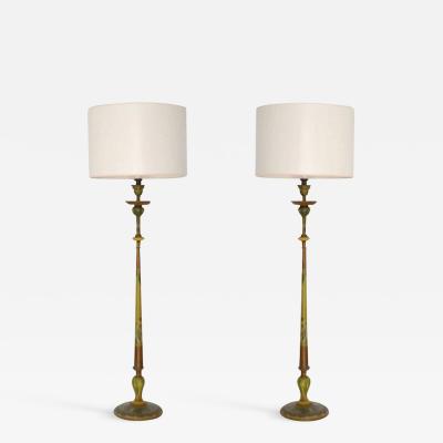 Pair of Venetian Hand Painted Carved Wood Candlestick Table Lamps
