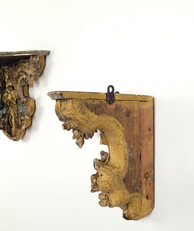 Pair of Venetian Mecca and Mirrored Carved Wood Corner Shelves circa 1800