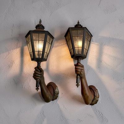 Pair of Venetian Patinated Bronze Arm Wall Mounted Lanterns