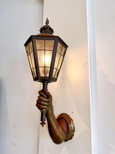 Pair of Venetian Patinated Bronze Arm Wall Mounted Lanterns