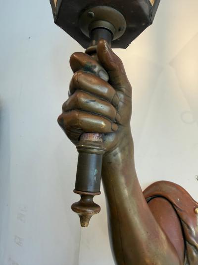 Pair of Venetian Patinated Bronze Arm Wall Mounted Lanterns