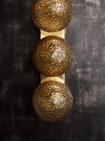 Pair of Vertical Brass and Smoked Textured Glass Globe Wall Sconces