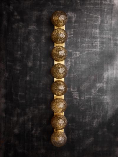 Pair of Vertical Brass and Smoked Textured Glass Globe Wall Sconces