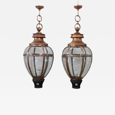 Pair of Very Large Copper and Glass Lanterns Italy 1940s
