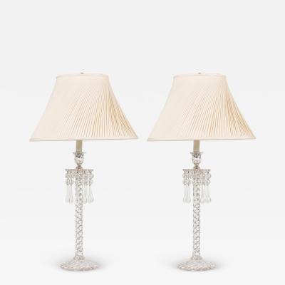 Pair of Victorian Cut Crystal Glass Table Lamps with Pleated Swirl Shades