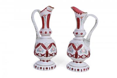 Pair of Victorian White and Ruby Opaline Glass Ewers