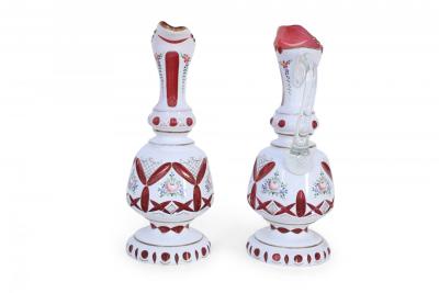 Pair of Victorian White and Ruby Opaline Glass Ewers