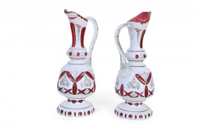 Pair of Victorian White and Ruby Opaline Glass Ewers