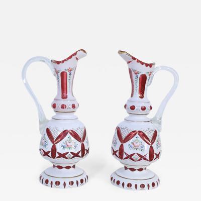 Pair of Victorian White and Ruby Opaline Glass Ewers