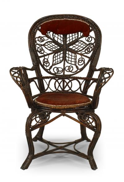 Pair of Victorian Wicker Velvet Arm Chairs