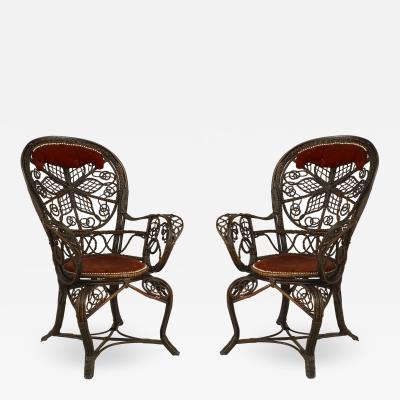 Pair of Victorian Wicker Velvet Arm Chairs