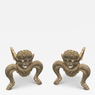 Pair of Victorian Wrought Iron Mask Andirons