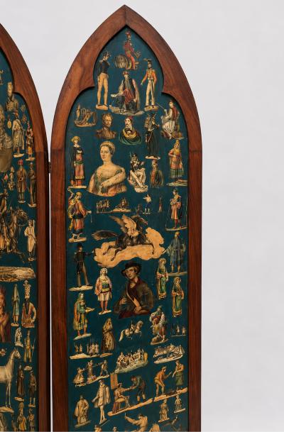 Pair of Victorian era folding screens Troubadour style England circa 1850