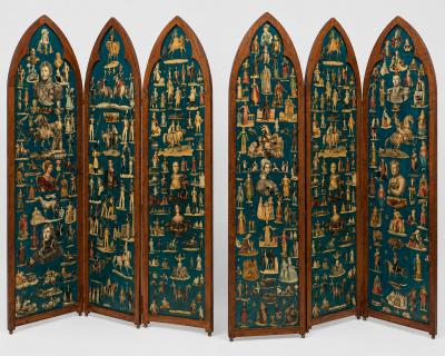 Pair of Victorian era folding screens Troubadour style England circa 1850
