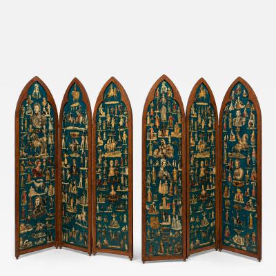 Pair of Victorian era folding screens Troubadour style England circa 1850