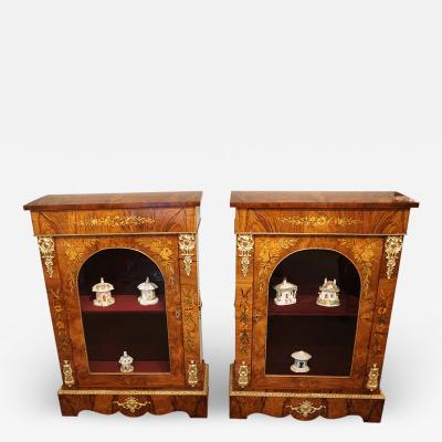 Pair of Victorian floral marquetry walnut pier cabinets