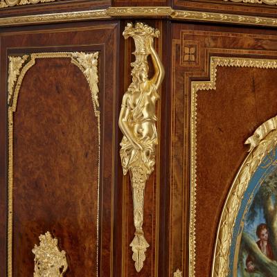 Pair of Victorian period amboyna cabinets with S vres style porcelain plaques