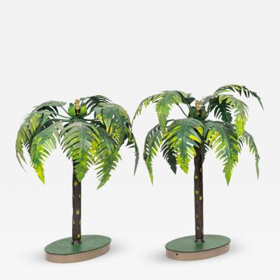 Pair of Vintage Asian Green Tole Bonsai Palm Tree Sculptures