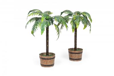 Pair of Vintage Asian Green and Gold Tole Bonsai Palm Tree Sculptures