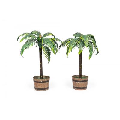 Pair of Vintage Asian Green and Gold Tole Bonsai Palm Tree Sculptures