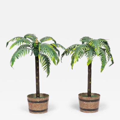 Pair of Vintage Asian Green and Gold Tole Bonsai Palm Tree Sculptures