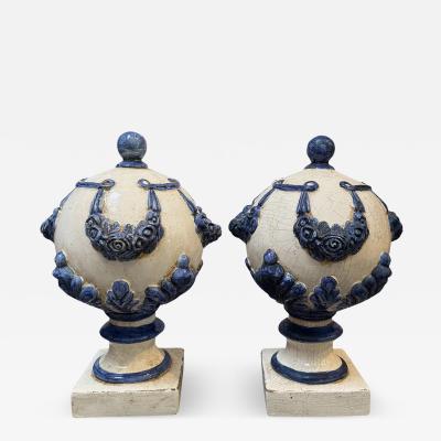 Pair of Vintage Blue White Majolica Pottery Finials