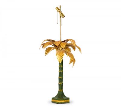 Pair of Vintage Chinese Gold and Green Tole Palm Tree Table Lamps
