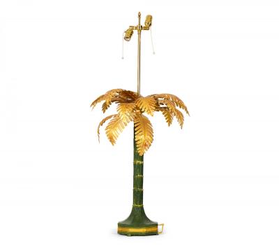 Pair of Vintage Chinese Gold and Green Tole Palm Tree Table Lamps