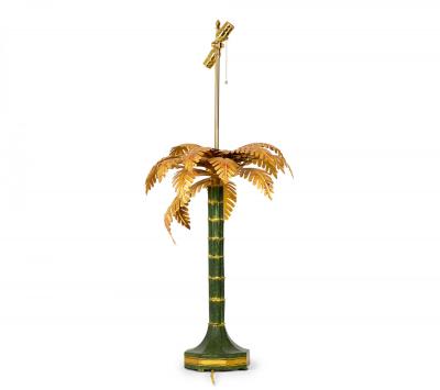 Pair of Vintage Chinese Gold and Green Tole Palm Tree Table Lamps