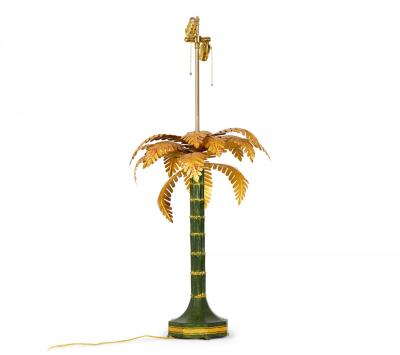 Pair of Vintage Chinese Gold and Green Tole Palm Tree Table Lamps
