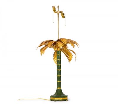 Pair of Vintage Chinese Gold and Green Tole Palm Tree Table Lamps