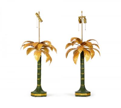 Pair of Vintage Chinese Gold and Green Tole Palm Tree Table Lamps