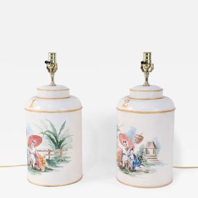 Pair of Vintage Chinese Hand Painted Tole Genre Scene Table Lamps