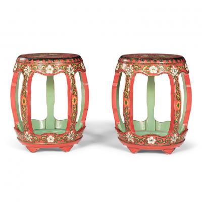 Pair of Vintage Chinese Lacquered and Painted Garden Seats