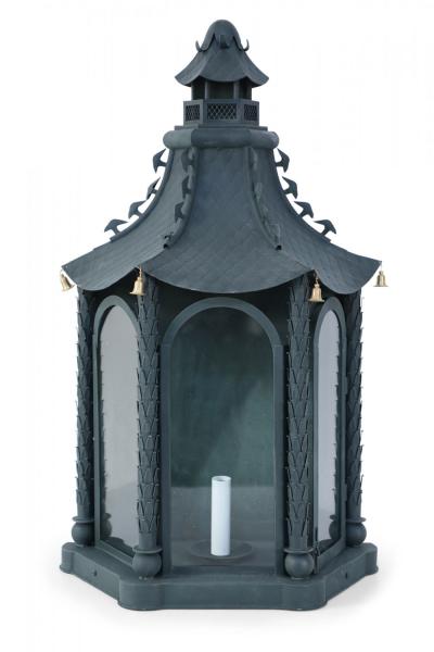 Pair of Vintage Chinese Metal and Glass Bell Adorned Pagoda Shaped Wall Sconces