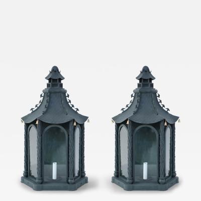 Pair of Vintage Chinese Metal and Glass Bell Adorned Pagoda Shaped Wall Sconces