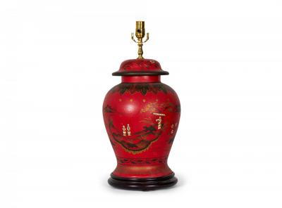 Pair of Vintage Chinese Red and Gold Hand Painted Tole Ginger Jar Table Lamps