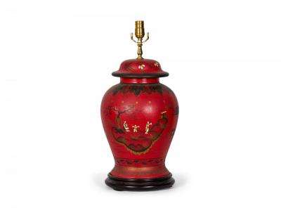 Pair of Vintage Chinese Red and Gold Hand Painted Tole Ginger Jar Table Lamps