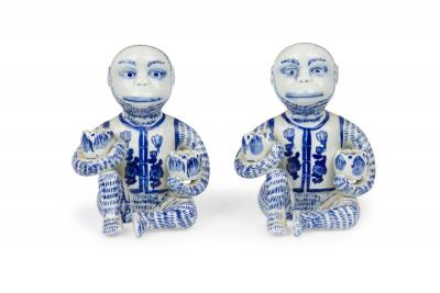 Pair of Vintage Chinese Style Blue and White Monkey Candlestick Holder