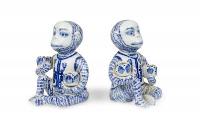 Pair of Vintage Chinese Style Blue and White Monkey Candlestick Holder