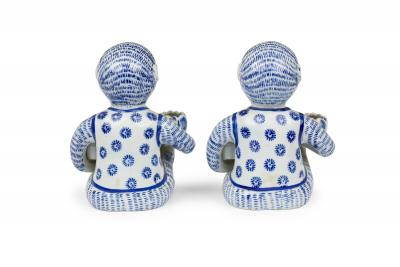Pair of Vintage Chinese Style Blue and White Monkey Candlestick Holder
