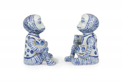 Pair of Vintage Chinese Style Blue and White Monkey Candlestick Holder