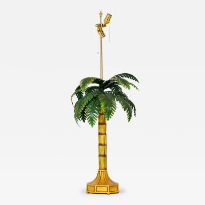 Pair of Vintage Chinese Yellow and Green Tole Palm Tree Table Lamps