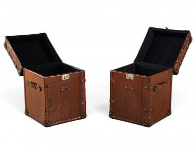 Pair of Vintage Cognac Leather Campaign Steamer Trunk Storage Side Tables
