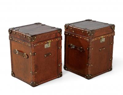 Pair of Vintage Cognac Leather Campaign Steamer Trunk Storage Side Tables