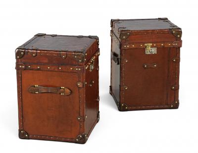 Pair of Vintage Cognac Leather Campaign Steamer Trunk Storage Side Tables